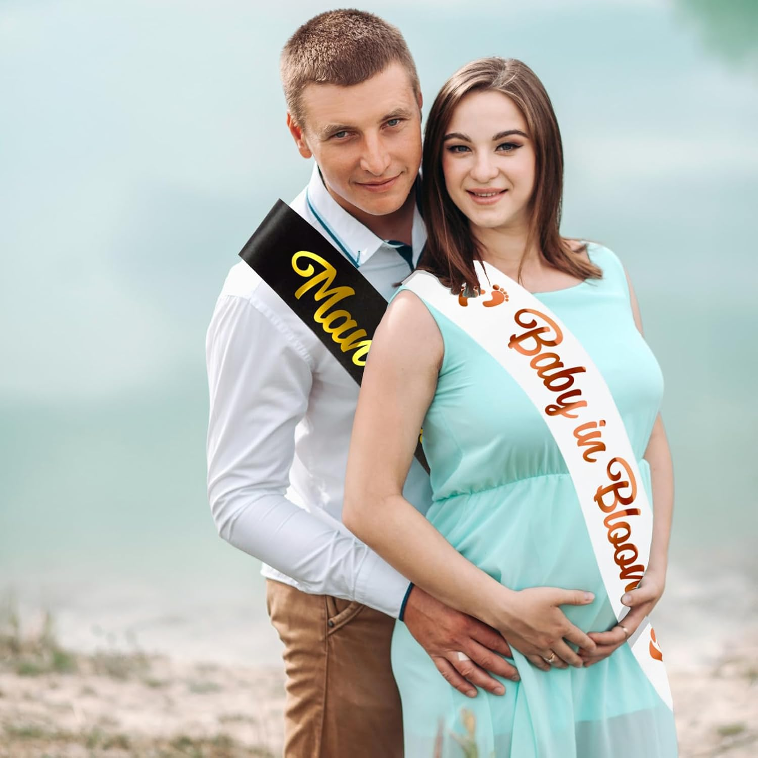 2 Pcs Mom to Be & Dad to Be Baby Shower Sash, White Baby in Bloom Sash and Black Man behind the Bump Sash (Custom- Lengthened) for Gender Reveal Decorations, Idea Gifts for Baby Shower image number 1