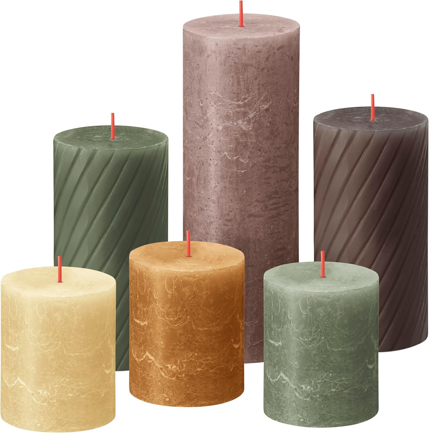 Bolsius Rustic Pillar Candles - Gift Set of 6 - Nature - Decorative Household Candles - Length Burning Time - Unscented - Natural Plant Wax - without Palm Oil