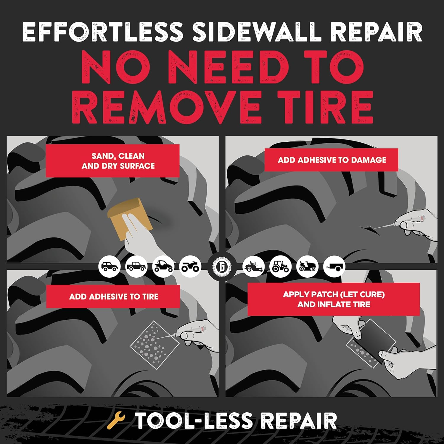 Gluetread External Patch Kit - for Tubeless Tires - No Need to Remove Tire - Kit Includes Enough Material to Patch 4 Tires - ATV Sidewall Repair Kit image number 3