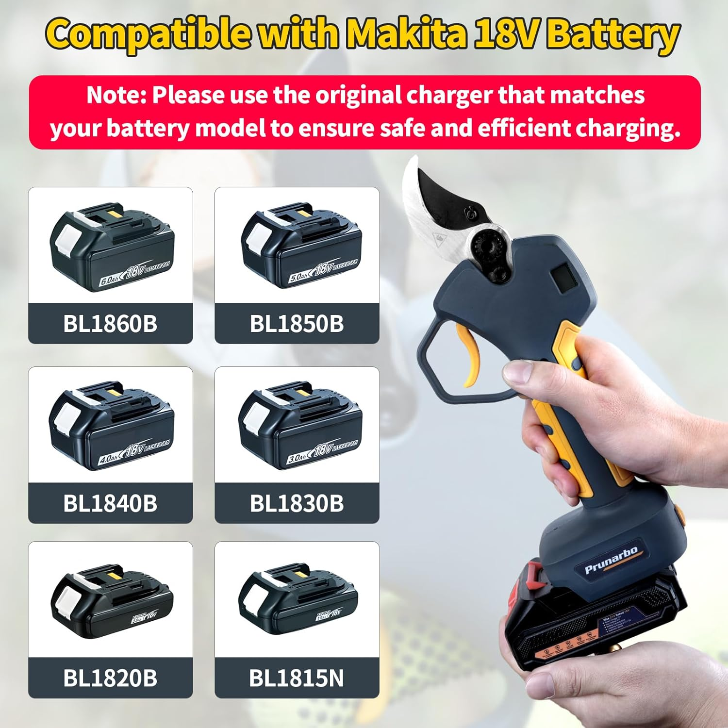 Prunarbo Electric Pruning Shears Cordless 40Mm with 4000Mah Batteries, Compatible with Makita 18V Battery Powered Pruner 1.6'' Electric Secateurs Branch Cutter Professional Garden Tool