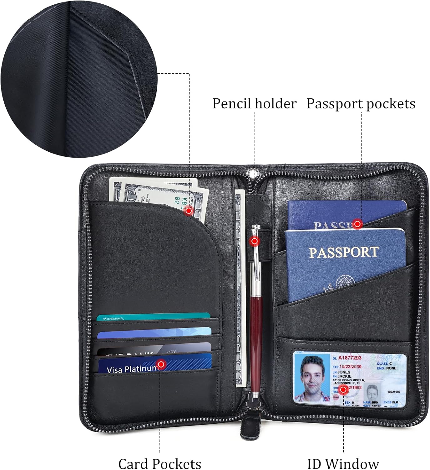 Polare Full Grain Leather Passport Holder with YKK Zipper RFID Blocking Travel Document Organizer Ticket Holder Cover Case Holds 2 Passports, Black, Retro