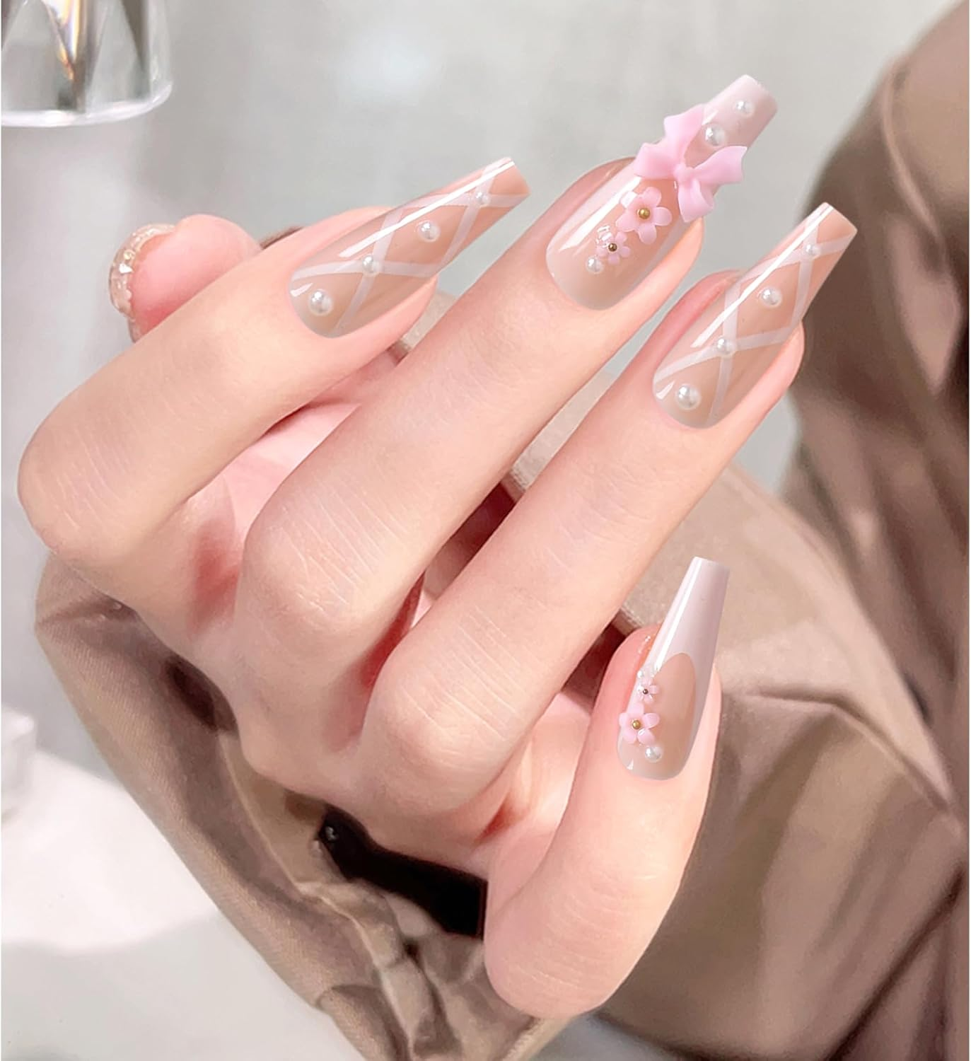 Pack of 24 Press on Nails, Artificial Nails with Adhesive Pads and Nail Files Buffers, Square Fingernails, Pink Nails for Sticking, Nails Ballet, for Women and Girls Nail Art