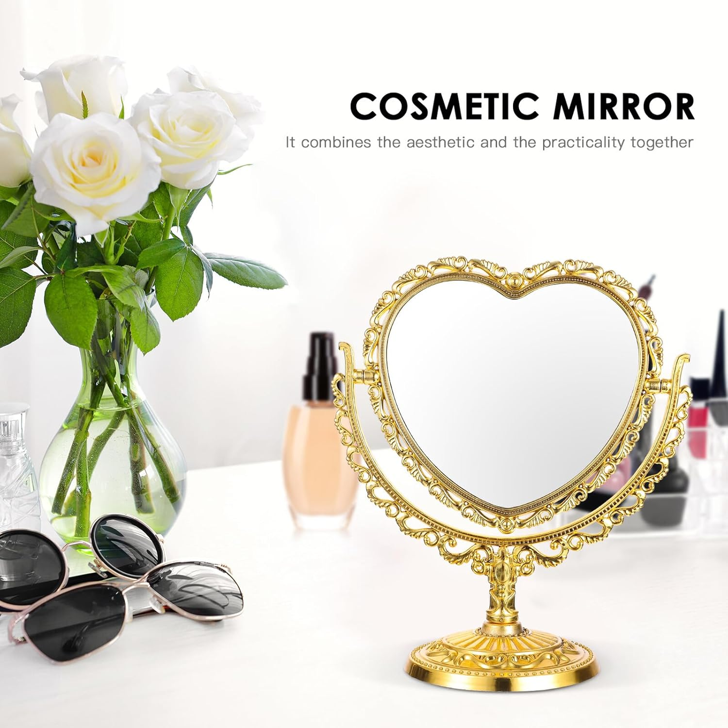 TEHAUX Vintage Heart-Shaped Desktop Makeup Mirror with Stand, Double-Sided Cosmetic Countertop Mirror in Gold, Suitable for Bathroom and Bedroom Vanity Use