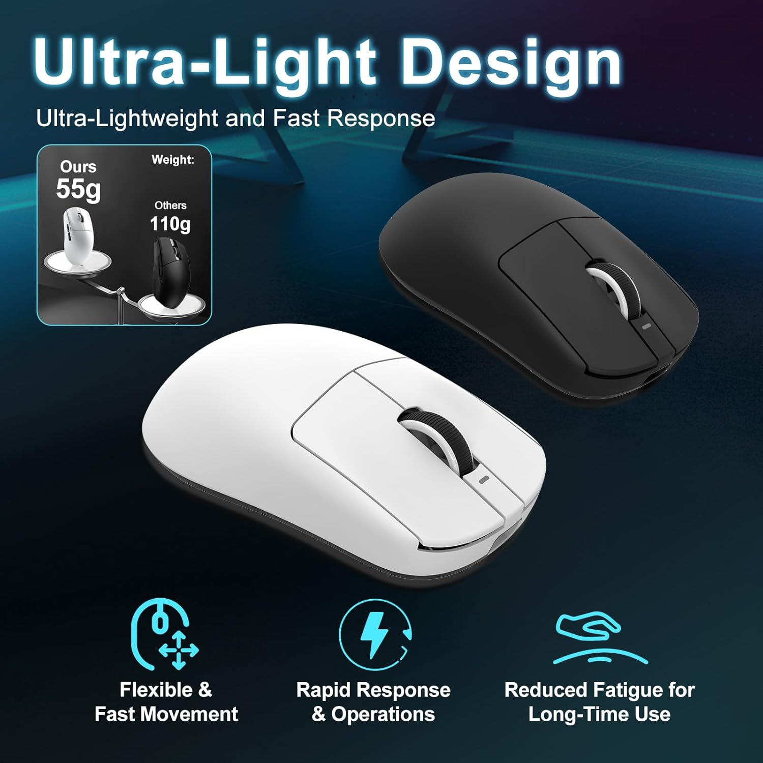 MIKIBY R1 SE+ Wireless Gaming Mouse, 18000 DPI, High-Precision PAW3395SE Sensor,55G Lightweight,Three Connection Modes Mouse, Programmable Ergonomic Mouse Suitable for Laptops/Pc/Mac (White) - Black image number 4