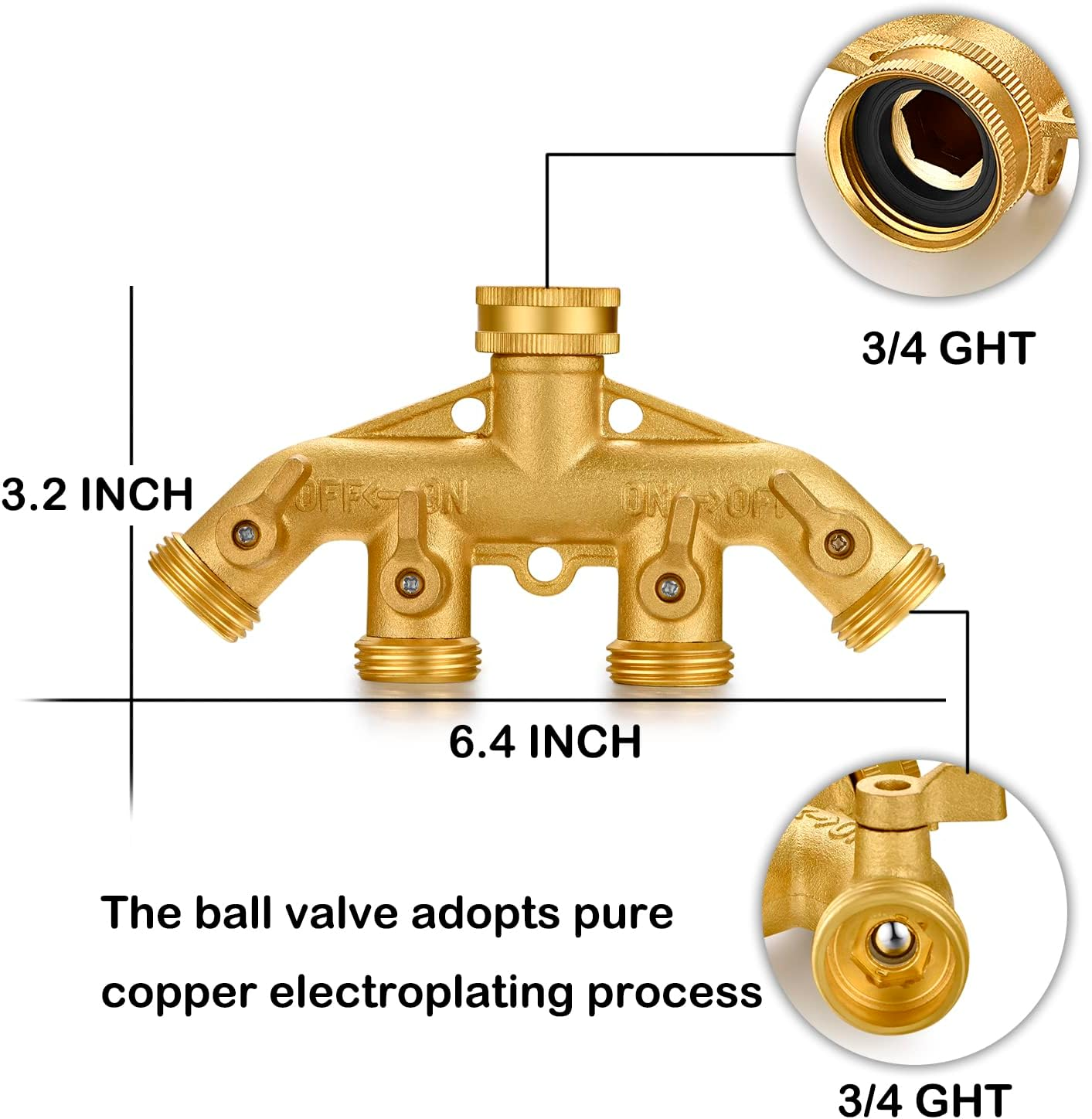 YELUN Garden Hose Splitter Heavy Duty Brass Connector, Garden Faucet Splitter for Outdoor Faucet Hose Bib Splitter, Adapter with Comfortable Grip Shut off Valves (4 Way Splitter) image number 4