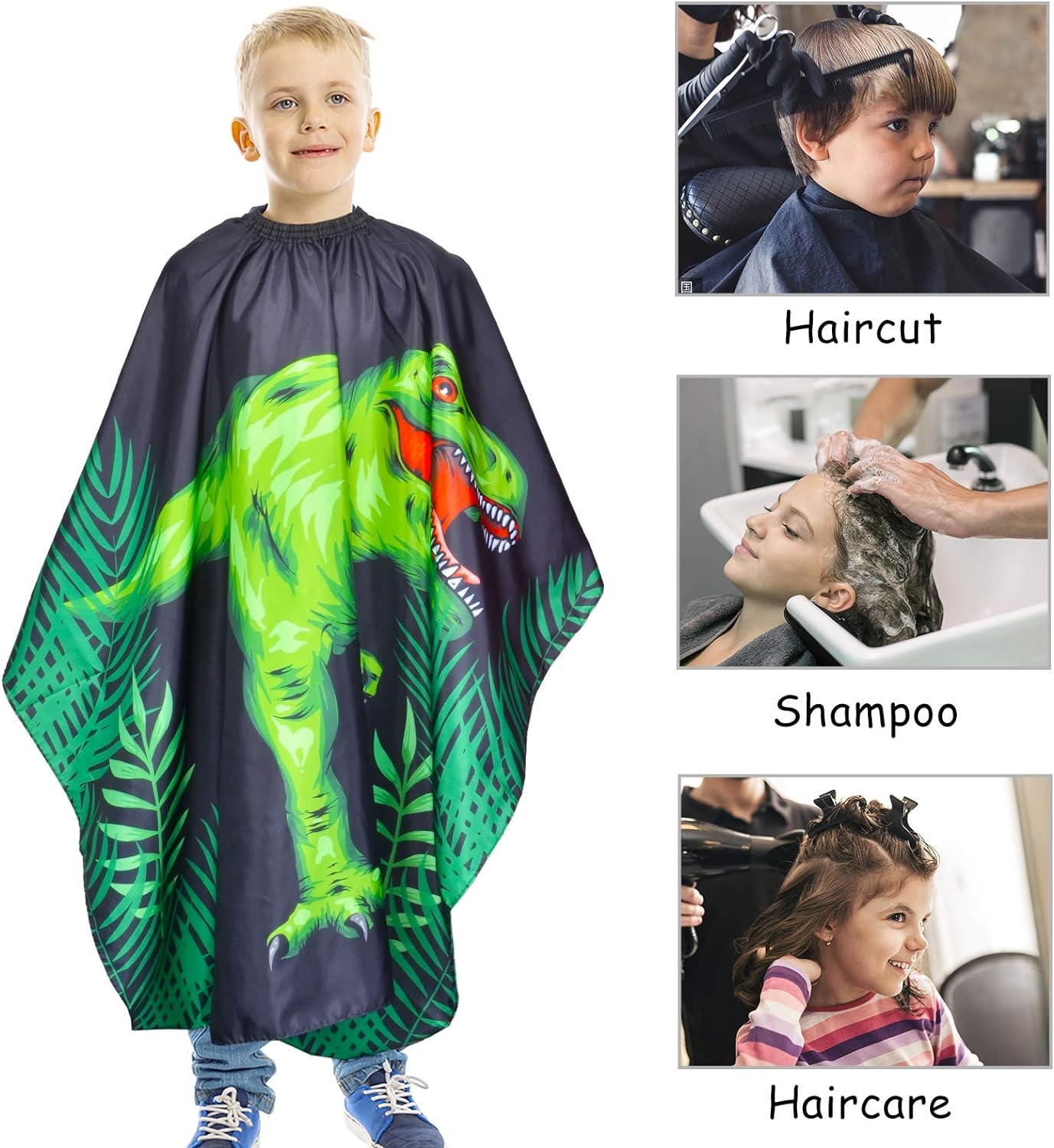 Kids Haircut Waterproof Barber Cape Cover, Dinosaur Hair Cutting Apron for Boys with Adjustable Snap Closure