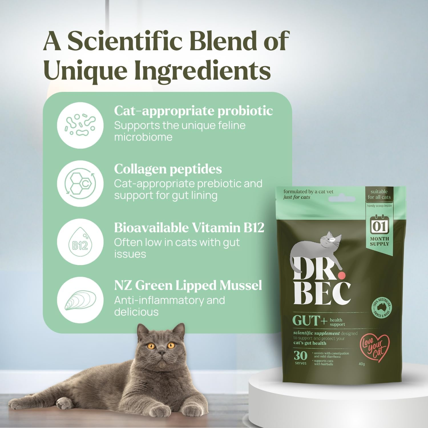 Dr Bec Gut+ Cat Supplement, with Prebiotics, Probiotics, Collagen and B12, Supports Digestive Health, Regular Digestion and Nutrient Absorption, Made in Australia, All Breeds and Ages image number 6
