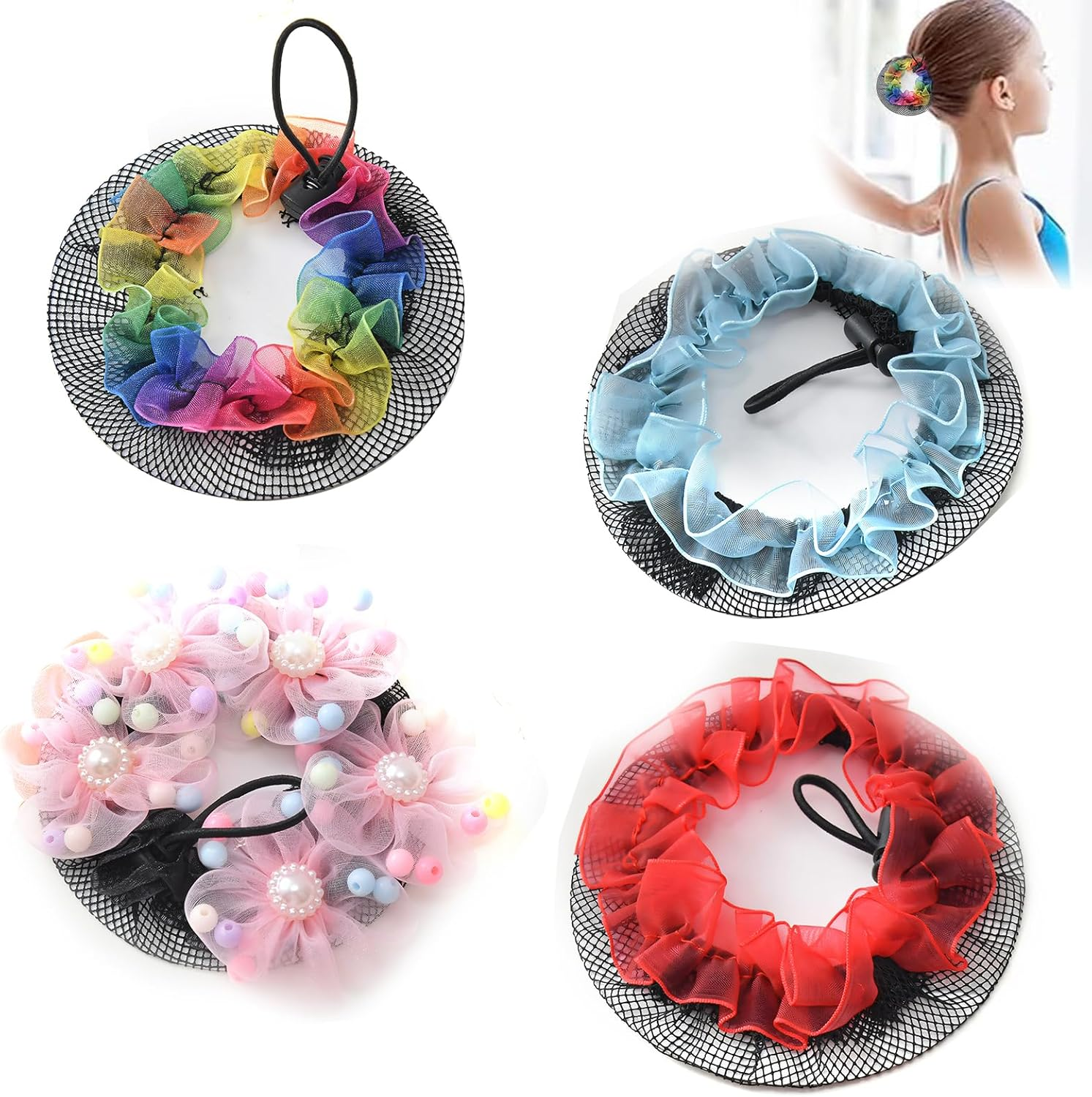 EUYKQNOI Pack of 4 Hair Net Bun and Bun Pillow Small, Soft Breathable Material, Easy for Perfect Hairstyles, Ideal for Children, Girls, Ballet and Women'S Hair Accessories, Daily Use Hair Nets image number 4