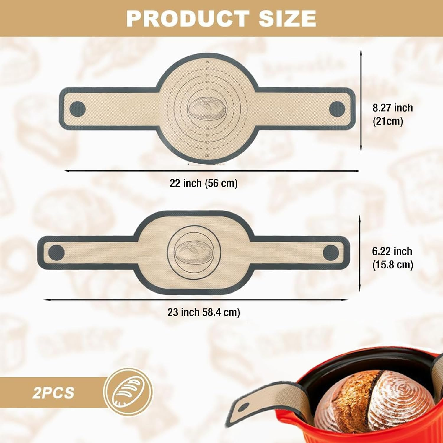 Silicone Bread Sling for Dutch Oven | Non-Stick & Heat Resistant (500&deg;F) | 2Pcs Oval & round + 3-Piece Cutter Set & Brush | Reusable Sourdough Baking Mat with Long Handles image number 3