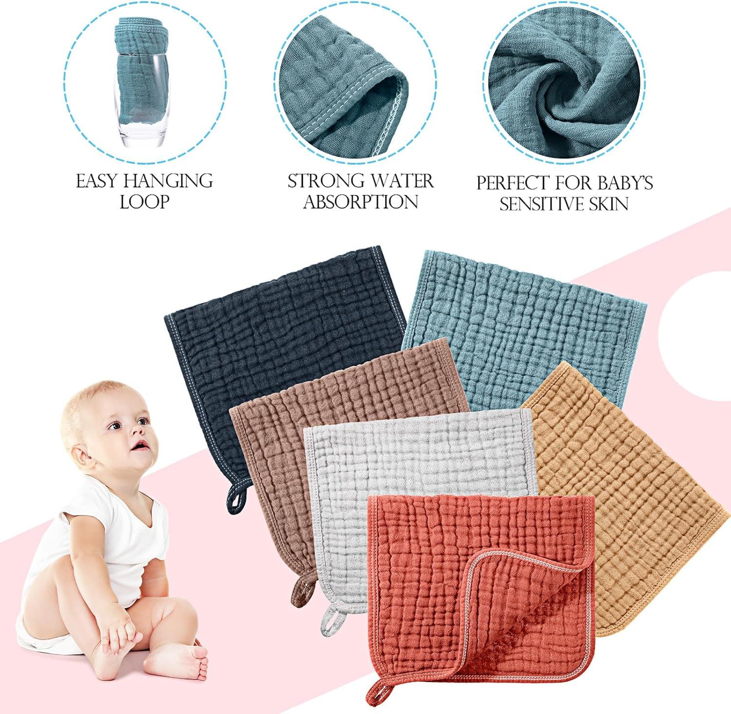 Hicarer 6 Count Muslin Burp Cloths Cotton Baby Burping Rags Large 20 X 10 Inch 6 Layers Spit up Rags Soft Absorbent Multicolor Wash Cloths Diapers for Newborn Baby Girl Boy(Retro Colors Series) image number 3