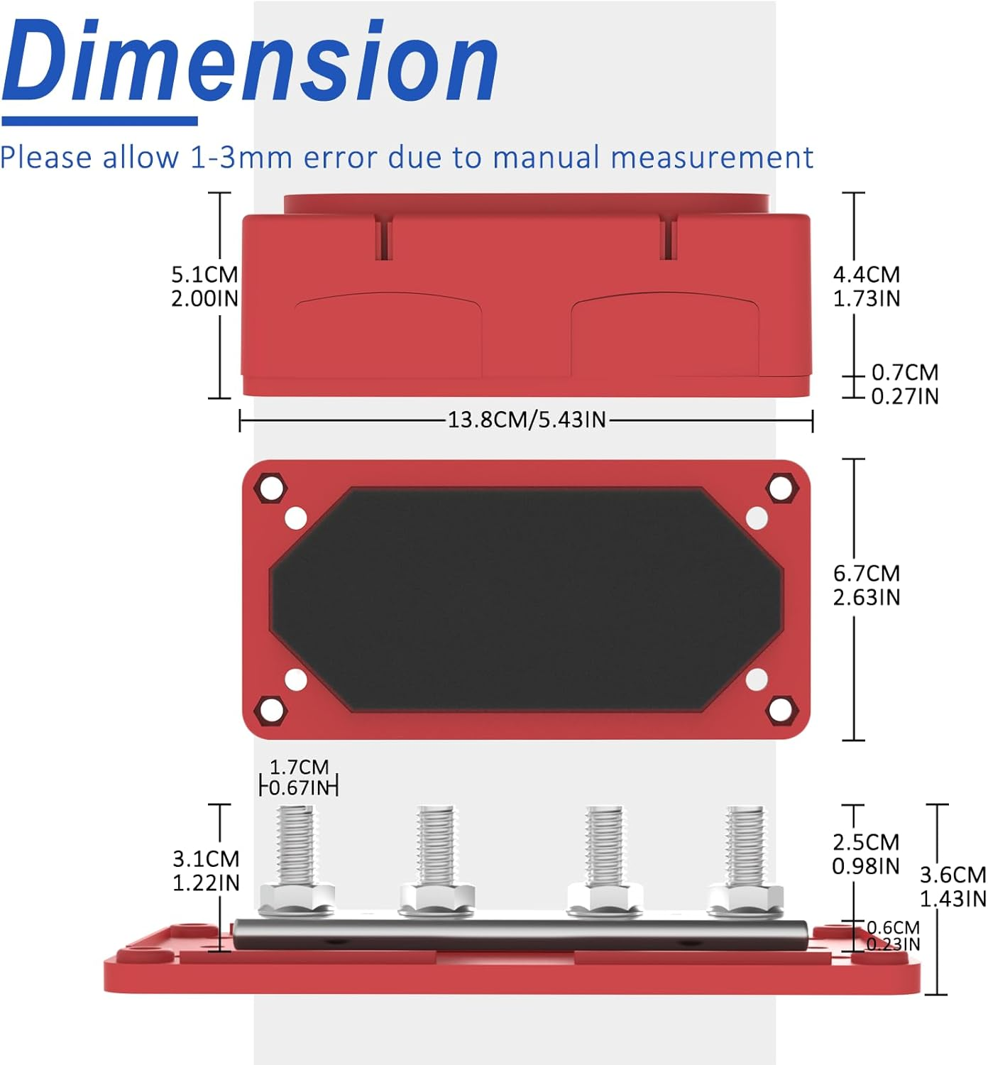 Heavy Duty Bus Bar 300A 12V Power Distribution Block with 5/16" (M8) 4-Posts Terminals Block with Cover for Automotive, Marine, Battery System(Red)