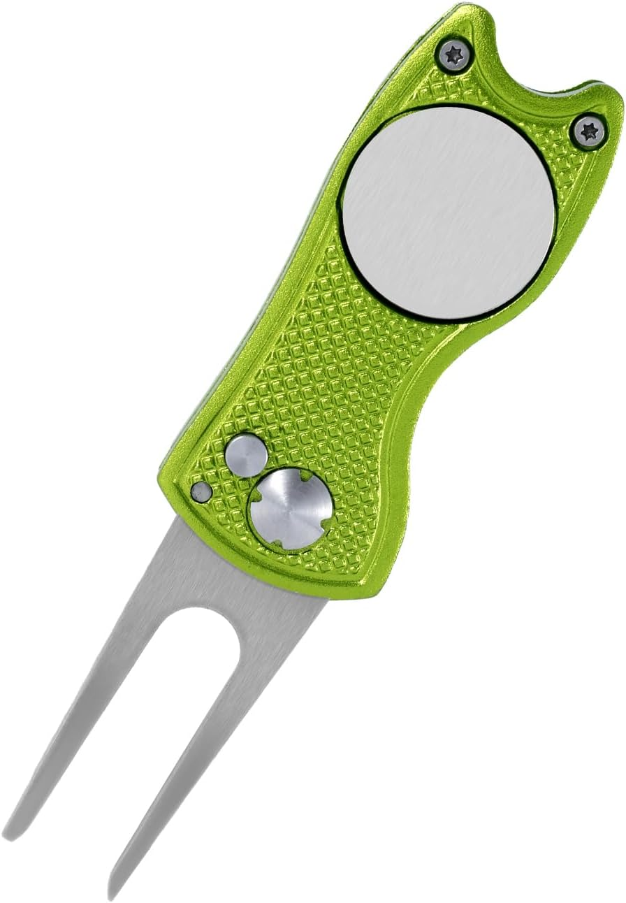 Golf Divot Repair Tool, Stainless Steel Divot Repair Tool Foldable Pop-Up Divot Turf Fork Golf Metal Putting Fork Golf Turf Fork Ball Marker Divot Tool for Golf Lover