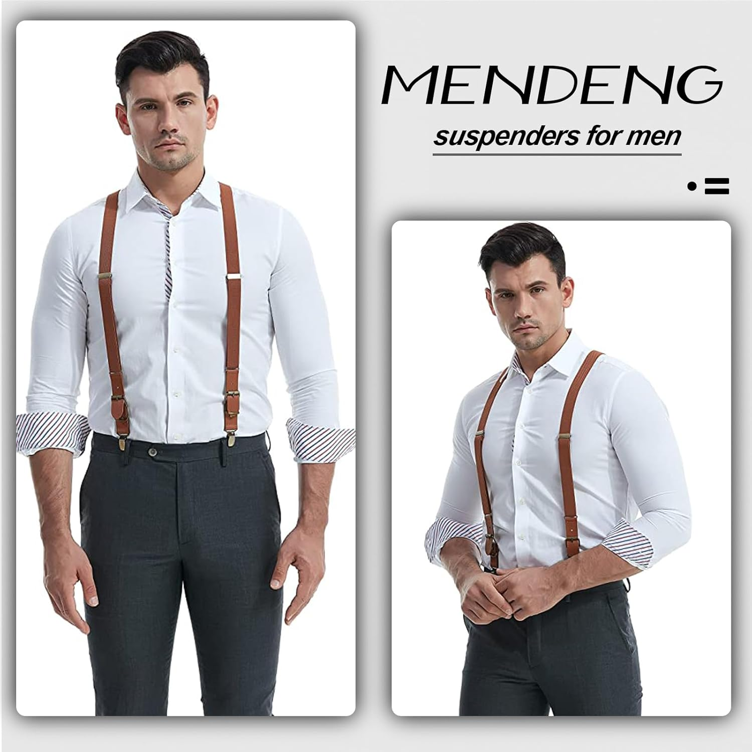 MENDENG Adjustable Suspenders for Men Bronze Metal Clips Braces with Leather - Brown Leather/Coffee image number 2