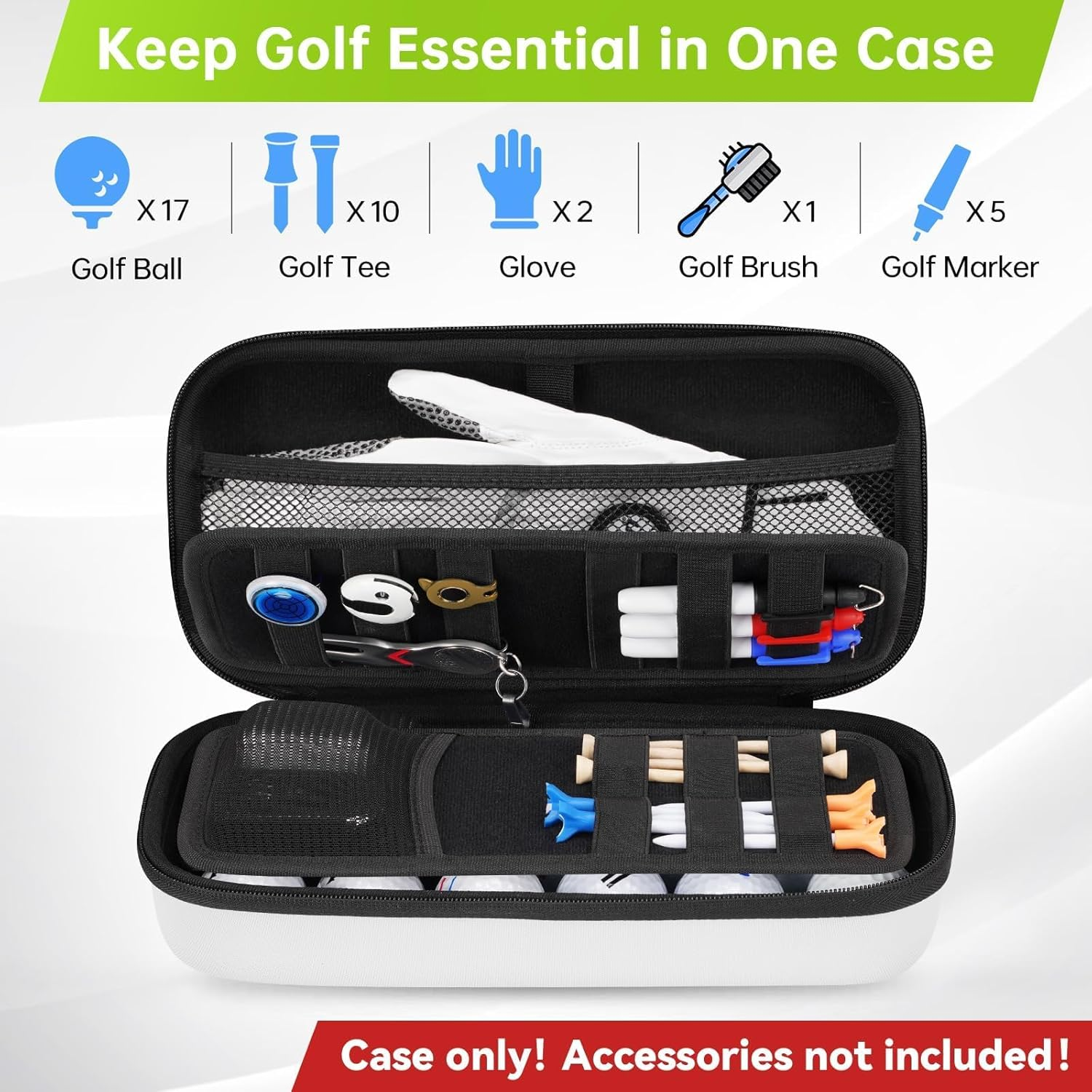 Golf Glove Holder with Removable Golf Glove Shaper, Protective Hard Shell Golf Accessories Case Bag with 2 Dividers Fits Balls, Tees, Markers, Divot Tools, Golf Essentials