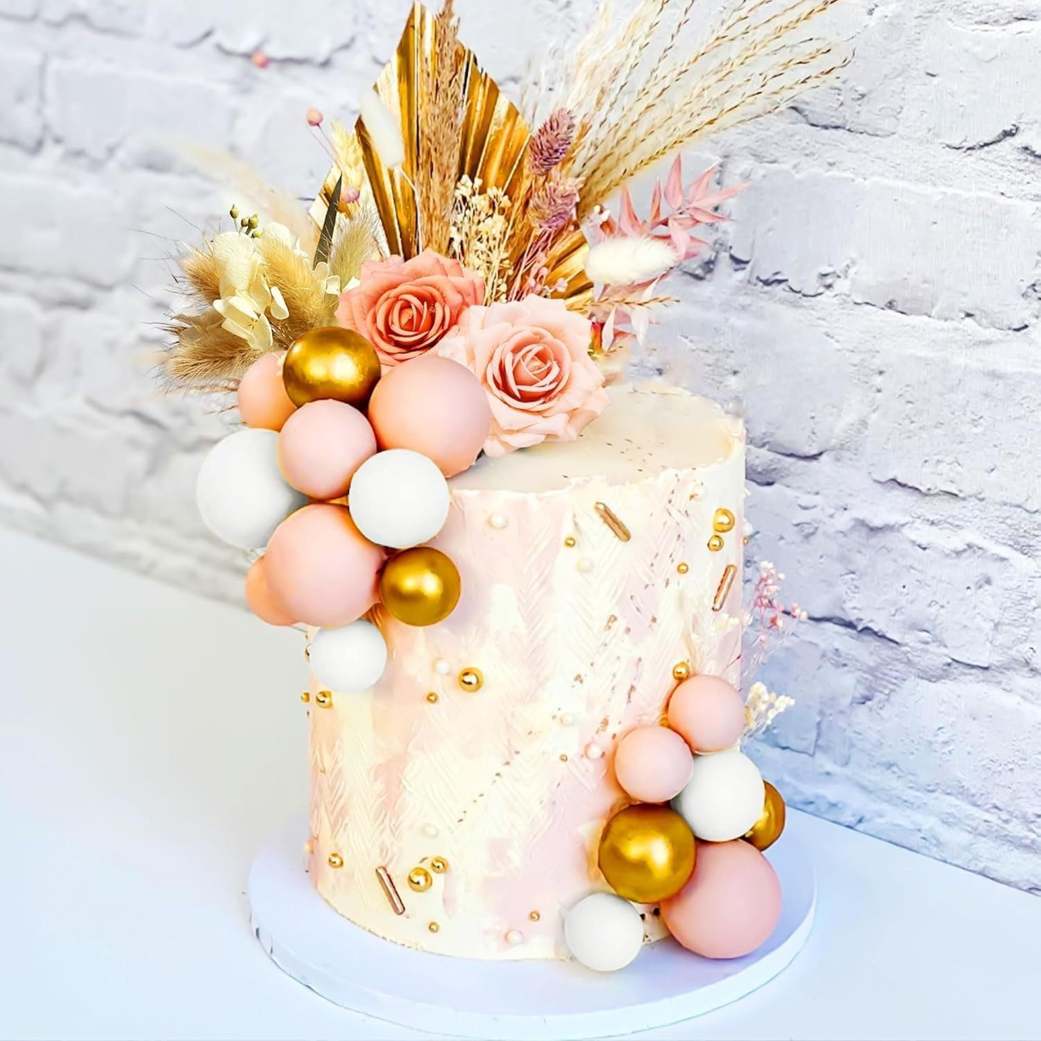 18Pcs Boho Flower Cake Topper Artificial Flower Foam Ball Cake Topper Decoration for Mother Women Girls Birthday Cake Decorations - Gold image number 5