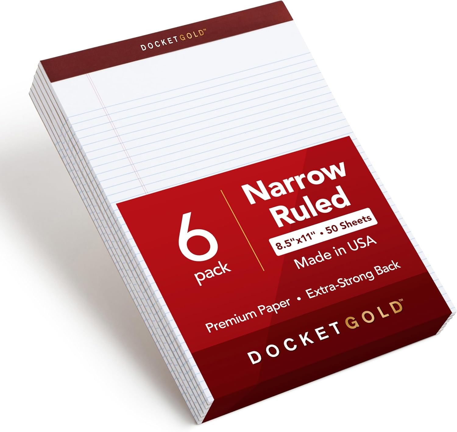 TOPS 8.5 X 11 Legal Pads, 6 Pack, Premium Docket Gold Brand, Narrow Ruled, Thick Yellow Paper, Sturdy Back, 50 Sheets, Made in USA (63941) - Jr. Legal, White image number 2