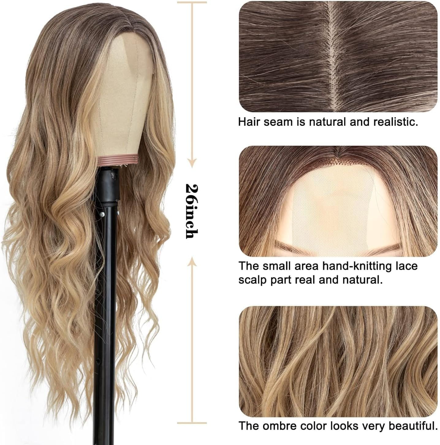 QAUARUMSUN Long Platinum Blonde Wavy Wig for Women 26 Inch Middle Part Curly Wavy Lace Front Wig Natural Looking Synthetic Wig for Daily Party Use (Ombre Blonde) image number 3