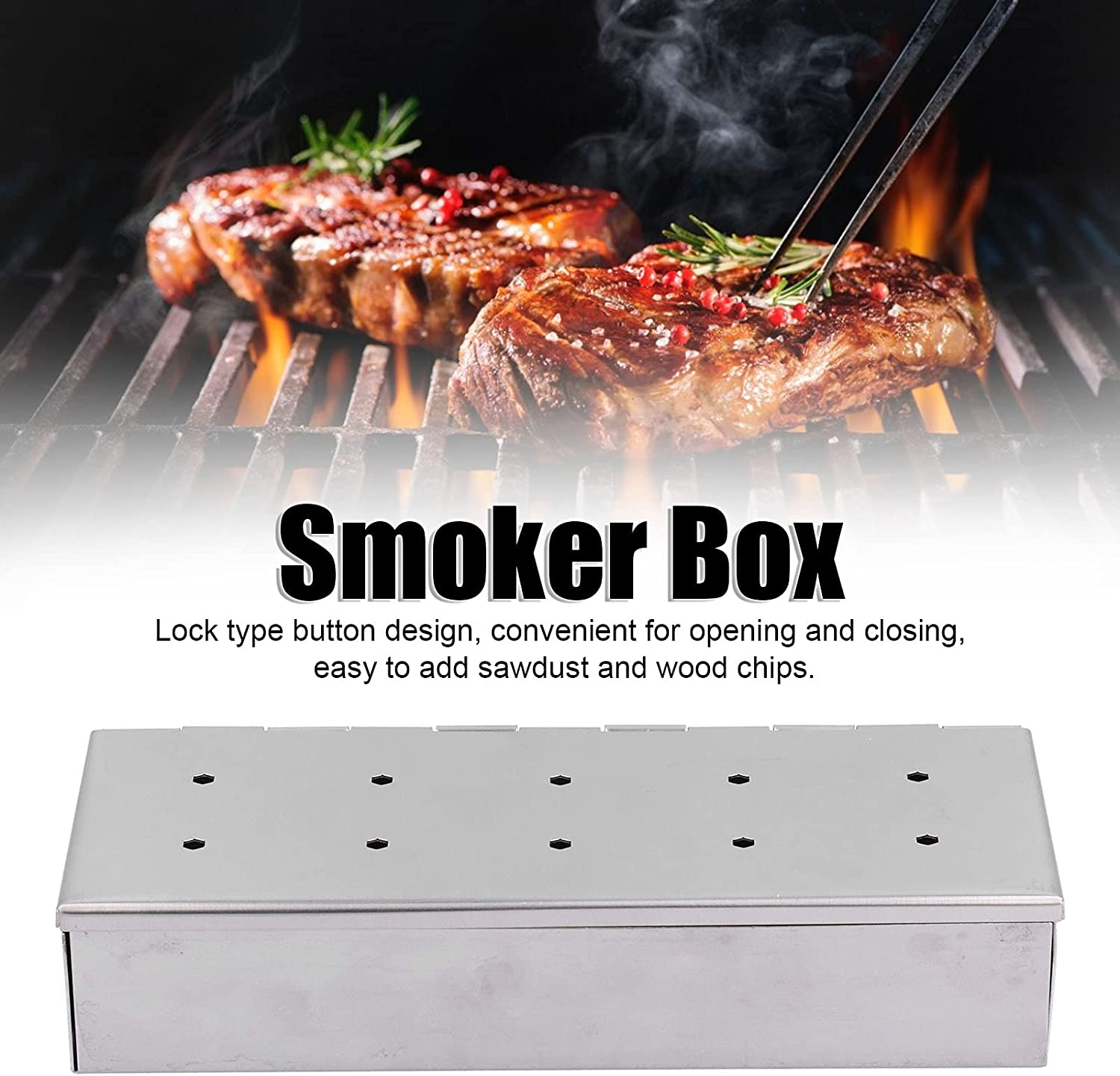 Cave Tools Grill Smoker Box Starter Kit for Wood Chips, 10‑Holes Stainless Steel Bucket Style with Hinged Lid, BBQ Grill and Smoker Accessories Smoker image number 5