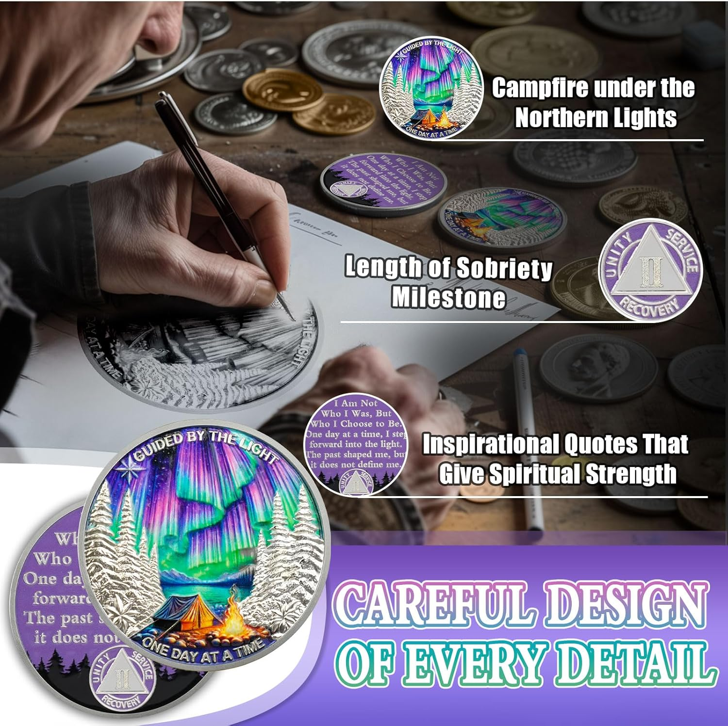 YRCKUDZKG Guided by Northern Lights 2 Year Sobriety Coin - One Day at a Time AA Coin, Alcohol Free Two Year Recovery Chip with Token Capsule, Sobriety Gifts for Men Women image number 2