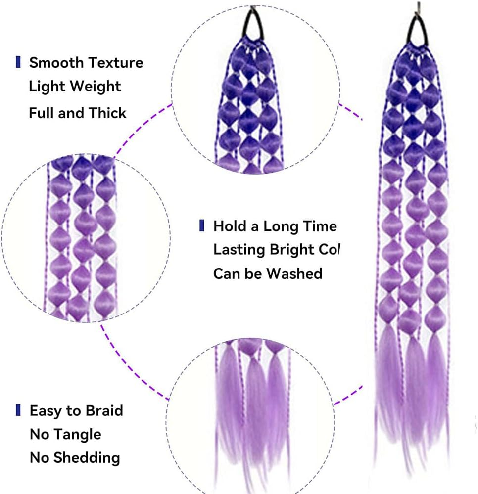 2 Pack Colorful Synthetic Hair Extensions for Women,50Cm Long Pre Looped Bubble Braiding Hair,Soft and Tangle Free Fiber, Purple,Blue, Pink Gradient Clip in Braids,Party Cosplay Accessories image number 3