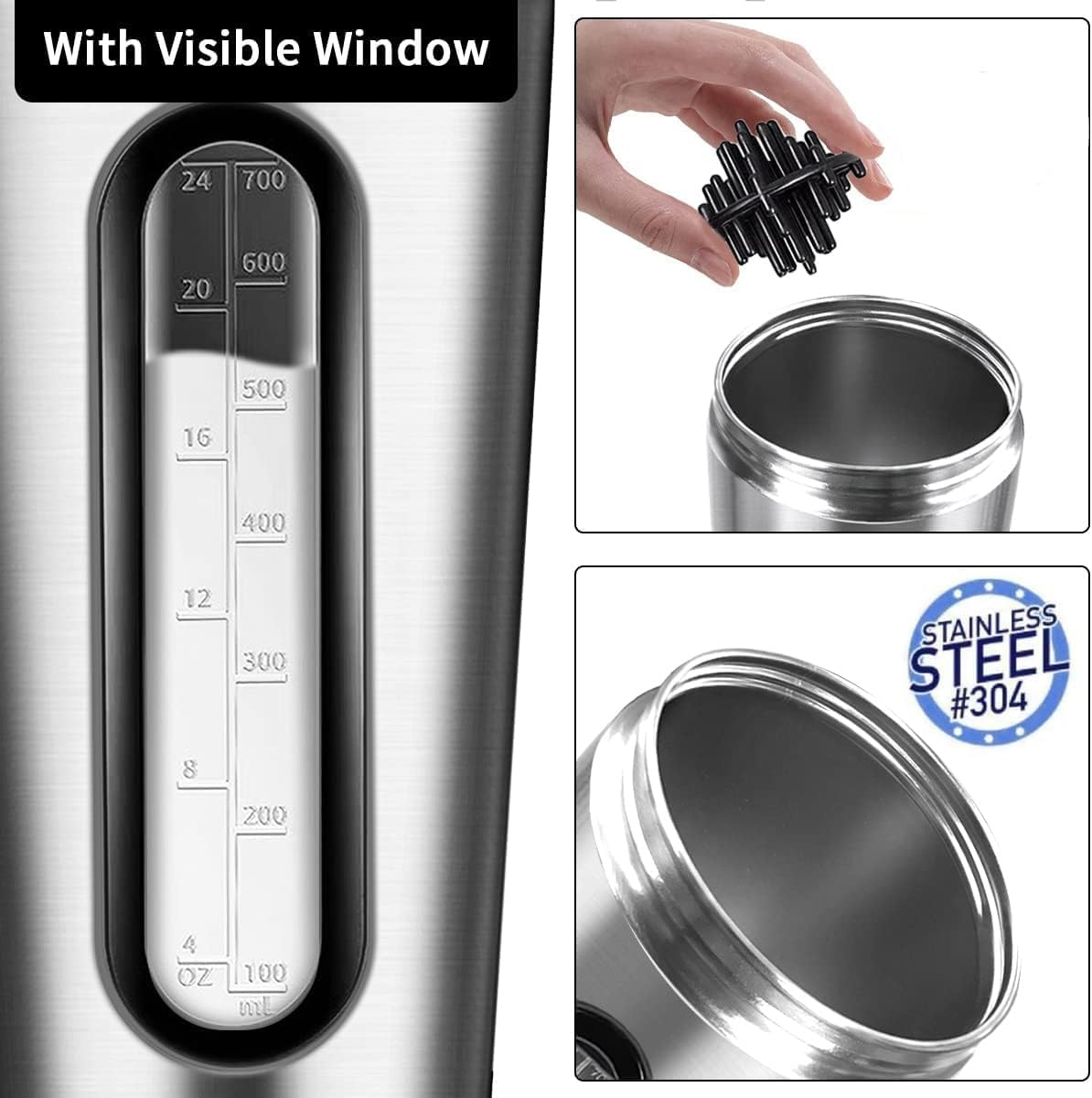 Protein Shaker Bottle, Silver 26Oz Shaker Bottles for Protein Mixes and Pre Workout, Visible Window Stainless Steel Protein Shaker Cup with Shaker Ball, Reusable Gym Drink Shaker Cup image number 3