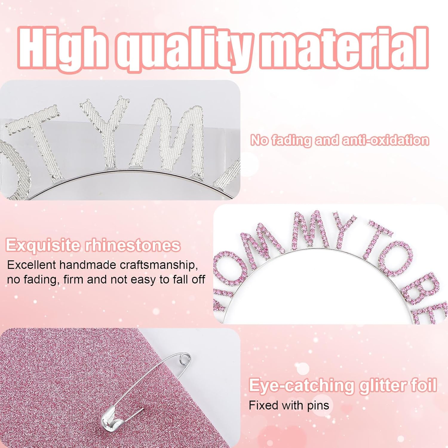 Mother to Be Party Decorations, Mother to Be Sash Hairband Pin Kit Pink Gentle Baby Shower Sash for Mommy Glittering Sash Rhinestone Mother to Be Hairband Pin for Baby Shower image number 3