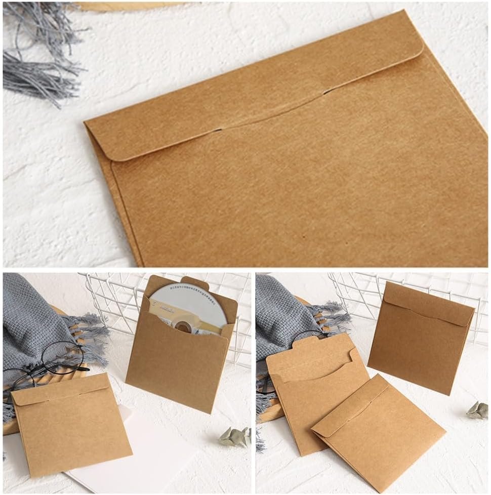 Granmagazz Kraft Paper DVD Envelopes Cardboard CD Sleeves, 50 PCS CD Sleeves Durable Kraft Paper CD/DVD Storage Bags, Secure Flap Closure, Ideal for Media Storage & Protection image number 1