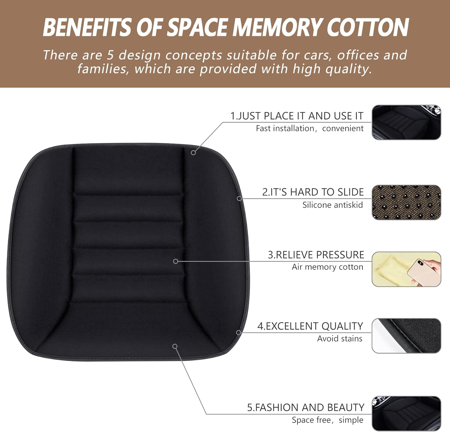 MYFAMIREA Car Seat Cushion Pad Sciatica Pain Relief Comfort Seat Protector for Car Driver Seat Office Chair Home Use Memory Foam Seat Cushion with Non Slip Bottom Black