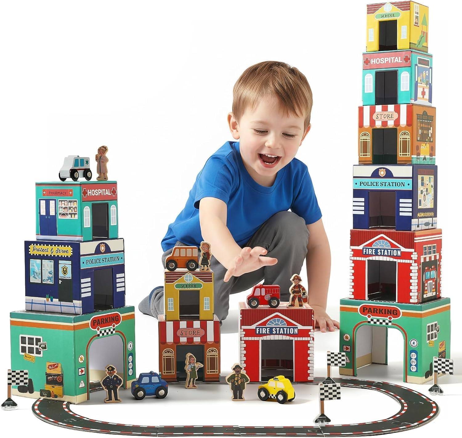 3-In-1 Sorting and Stacking Toys for Toddlers 1-3 with Building Blocks, Wooden Community Helpers, Montessori Nesting Boxes for Preschool Learning Stocking Stuffers for Boys Girls image number 4