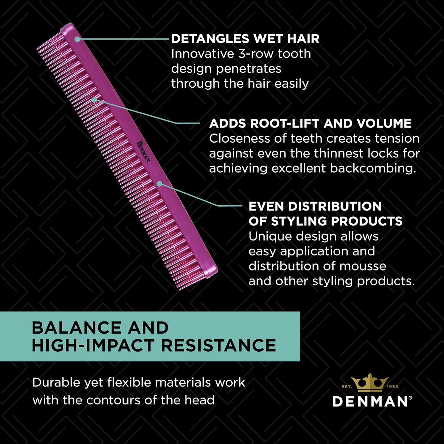 Denman D12 Tame & Tease Comb, Pink, 1 Count image number 5