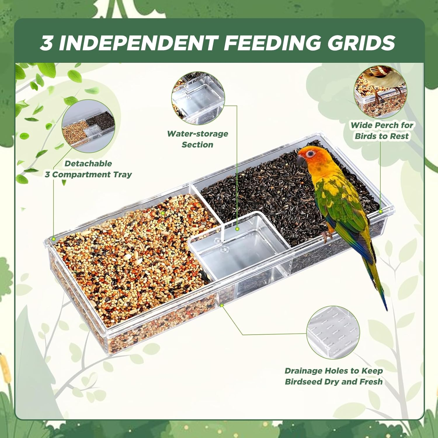 SUSOO Window Bird Feeder for Outdoors with 3 Large Capacity Detachable Seed & Water Tray, Acrylic Clear Bird Feeder with Suction Cups for Watching Wild Birds, Hummingbirds, Finches in Garden, Yard