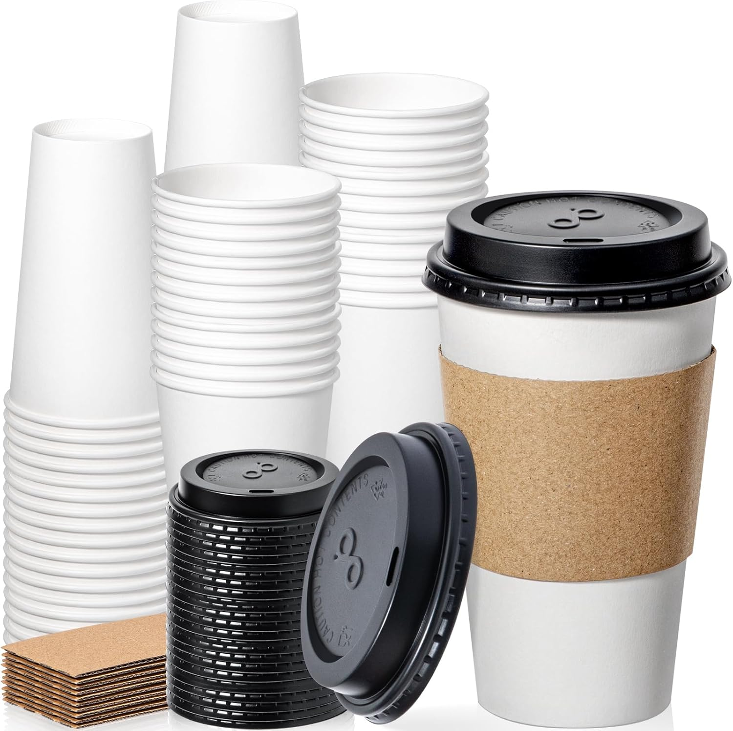 Fit Meal Prep [50 Pack] 16 Oz Hot Beverage Disposable White Paper Coffee Cup with Black Dome Lid and Kraft Sleeve Combo, Medium Grande image number 6