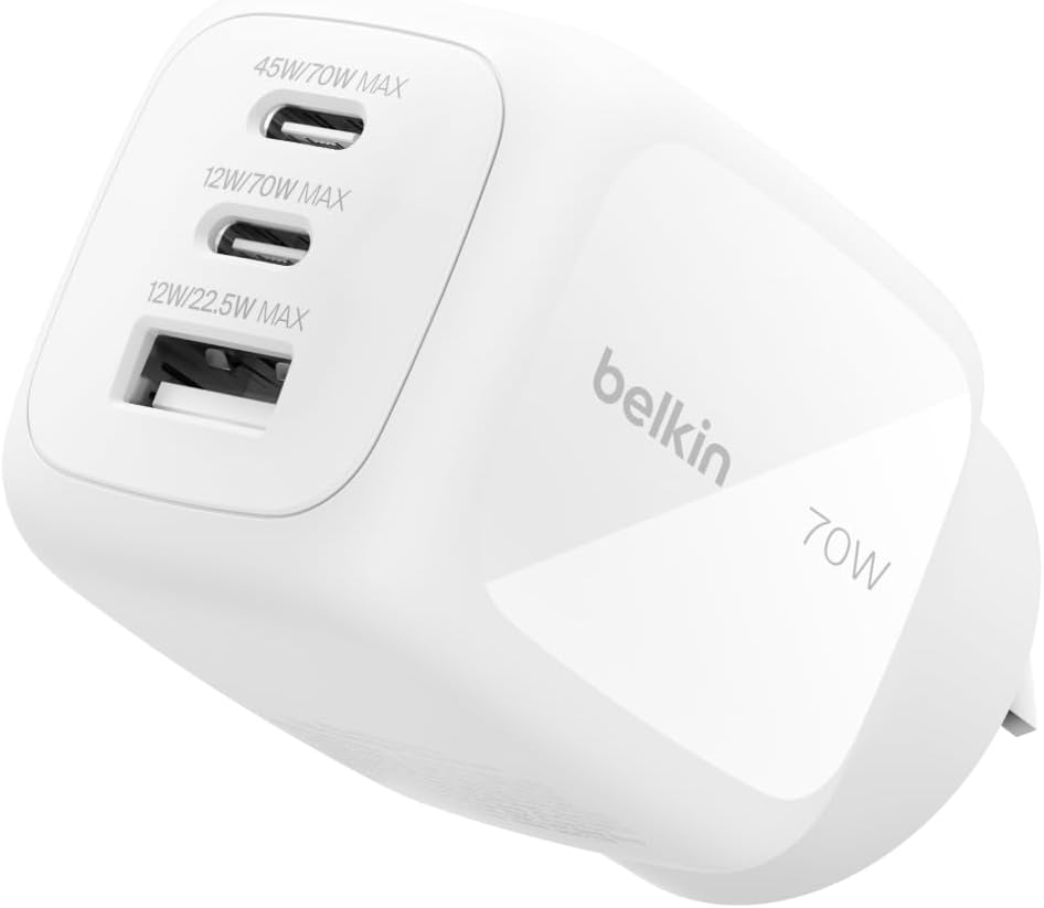 Belkin 3-Port USB C Charger Block 70W, Multi-Port Gan Wall Charger W/ 2X USB C Ports & 1X USB a Port, Fast Charging for Macbook, Iphone 16, Ipad Pro, Samsung Galaxy S25, Google Pixel, & More - White image number 3