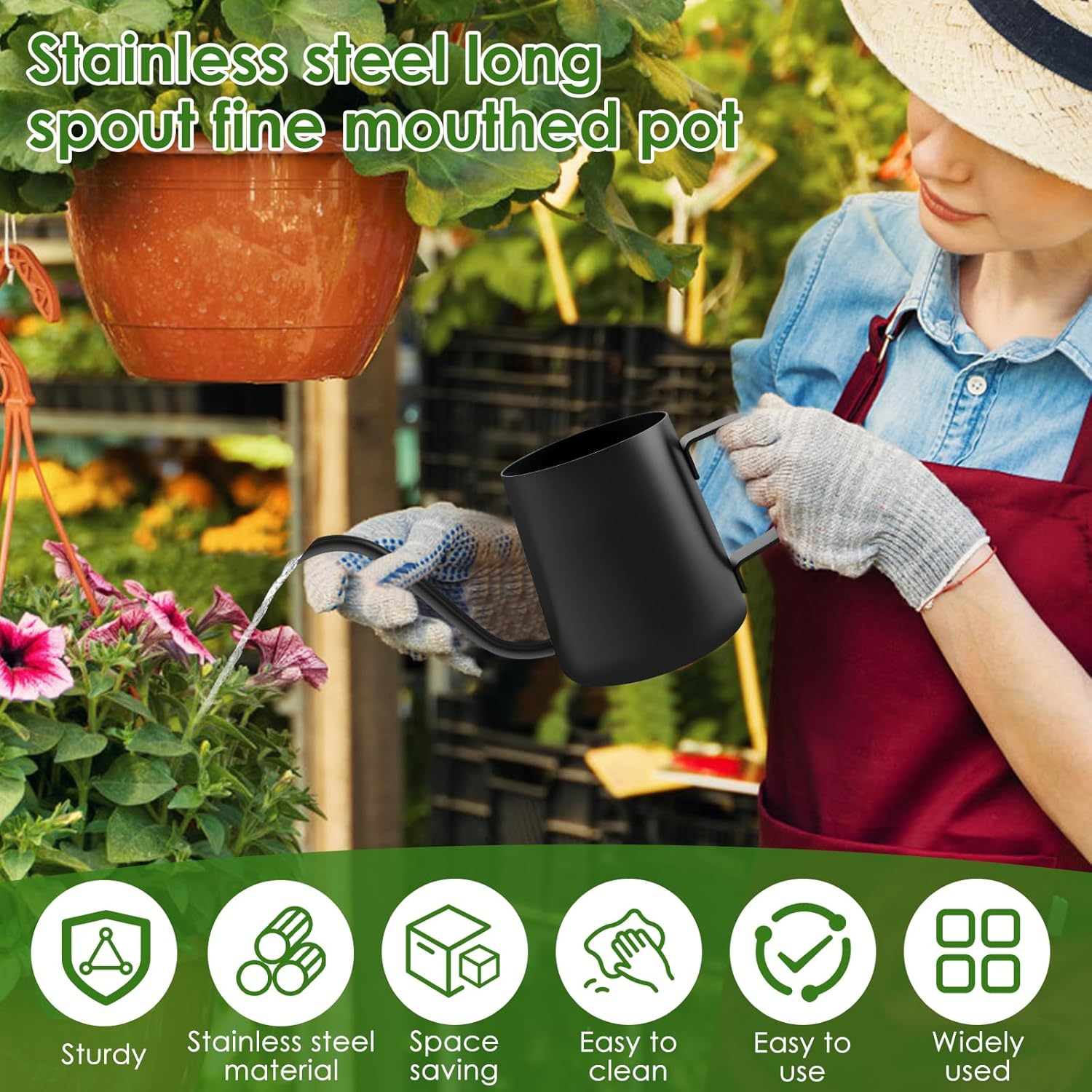 Fwqofvk 12Oz/350Ml Small Watering Can, 304 Stainless Steel Plant Watering Can with Ergonomic Handle, Rustproof Watering Pot for Indoor Plants (Black) - Silver image number 6