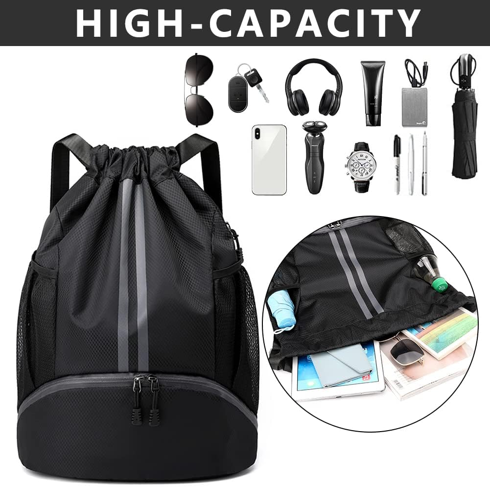 Drawstring Backpack Sports Gym Bag with Shoes Compartment, Waterproof Draw String Back Bag for Men Women - Black-1 image number 5