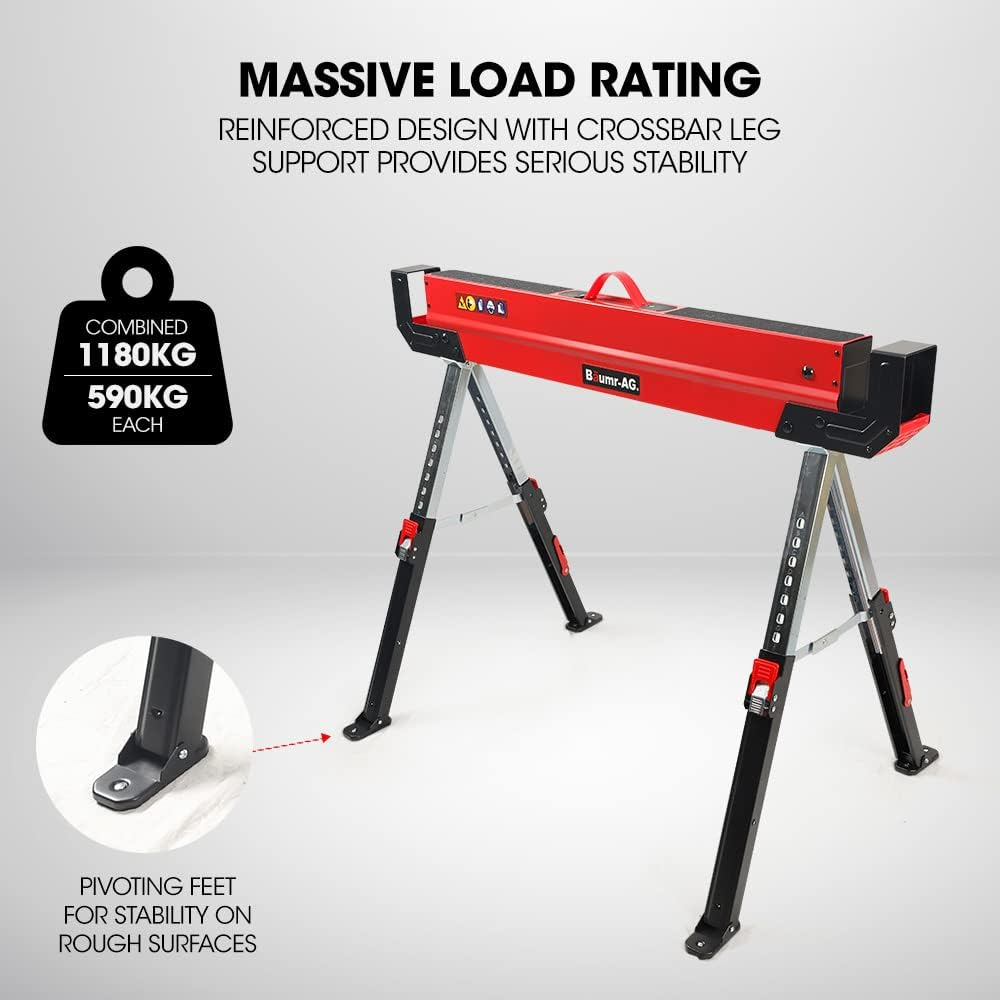 Baumr-Ag Steel Sawhorse Pack, 1180Kg Combined Capacity, Height Adjustable, 2X4 Support Arms, Set of 2