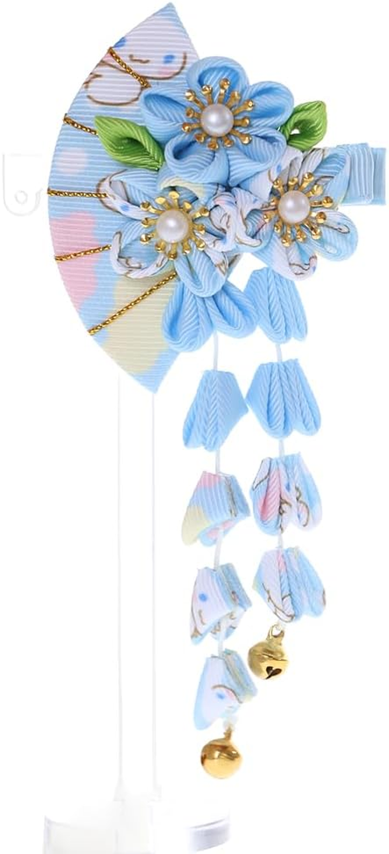 C-120-4 Blue Handmade Fan Shape Sakura Cherry Blossom Fabric Flowers Tassels Hair Clip Hair Clip Hair Clip Japan Geisha Kimono Accessory image number 2