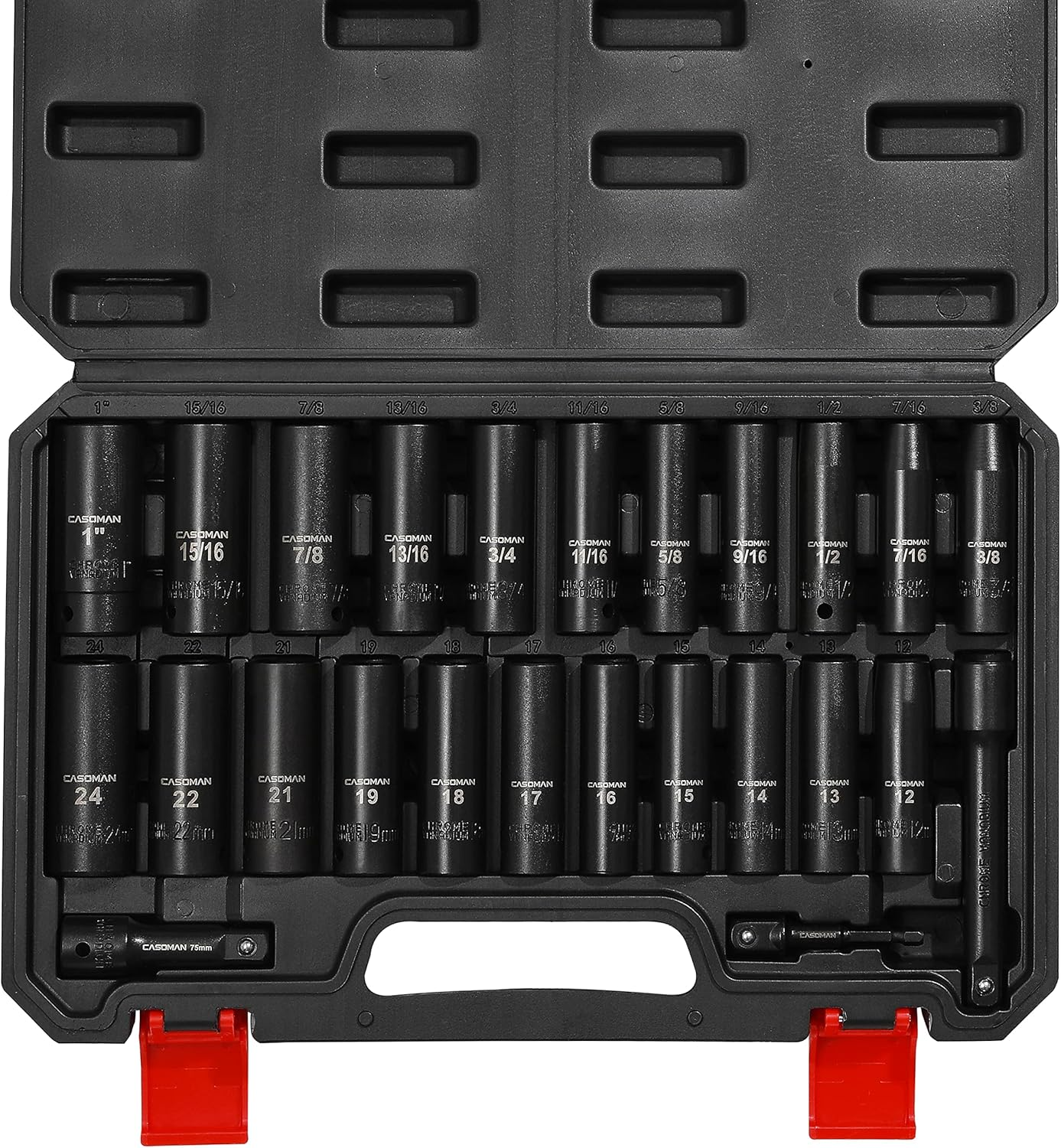 CASOMAN 25PCS 1/2" Drive Impact Socket Set, Deep, Cr-V Steel, 6 Point, Metric&Sae, 12Mm to 24Mm, 3/8 Inch to 1 Inch, Includes Extension Bars: 3-Inch, 5-Inch, 1/2-1/4 Adapter