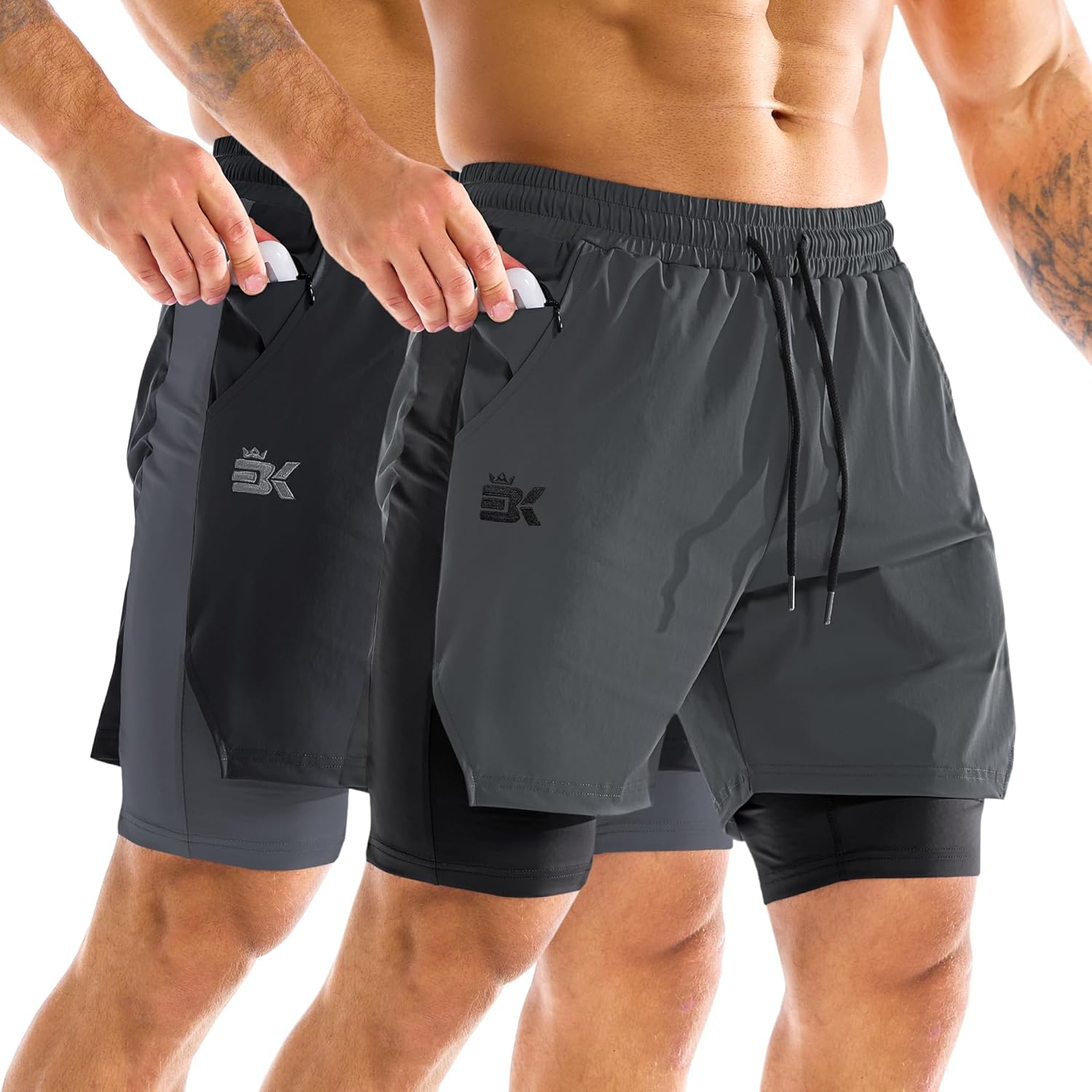 BROKIG Men'S Liner Gym Shorts, Lightweight Running Sport Workout Tennis Short Training Athletic with Zip Pocket