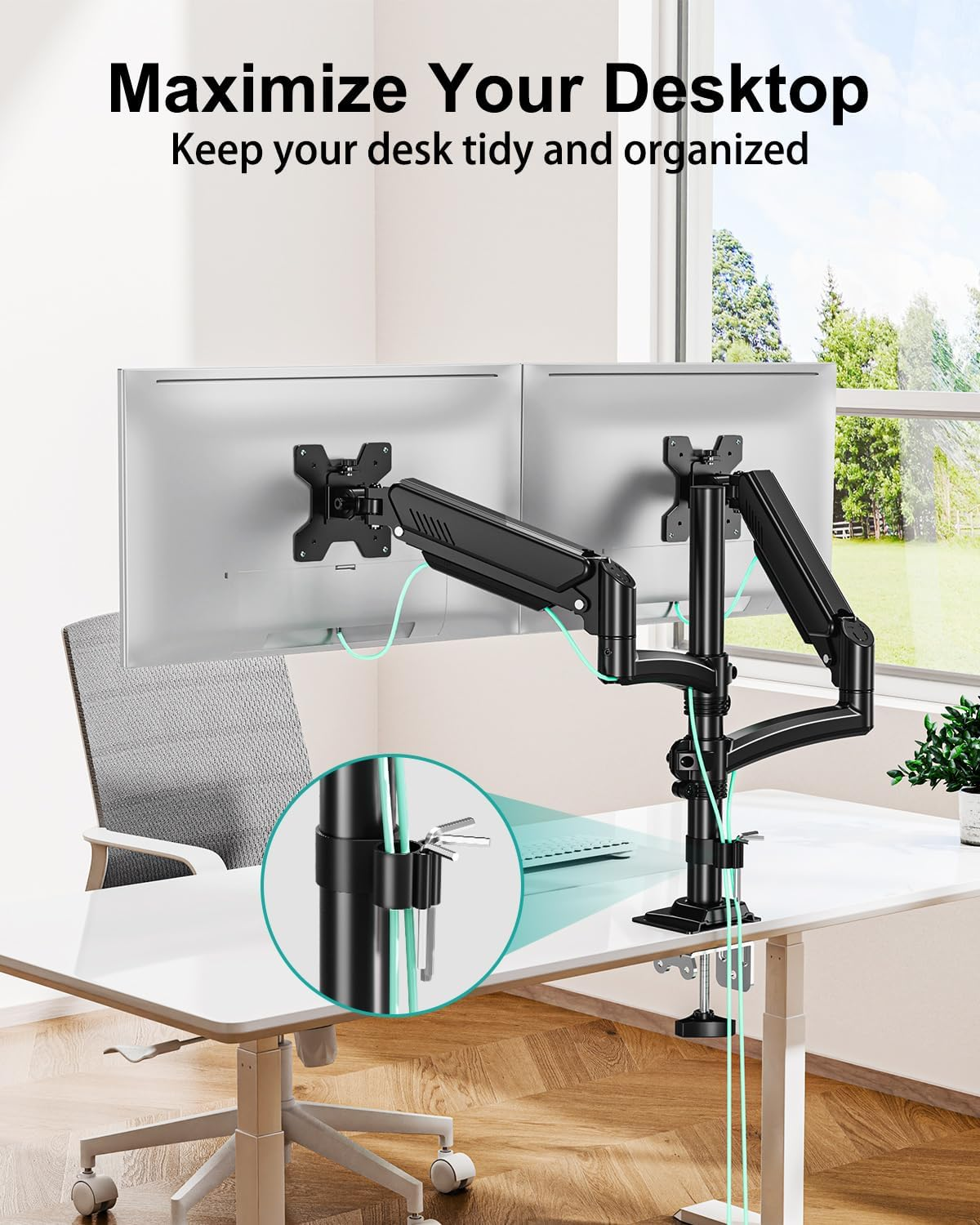 Dual Monitor Stand for Desk, Taller Monitor Arms for 2 Screens up to 32 Inch, Ergonomic Adjustable Gas Spring Double Computer Monitor Mount, Holds 4.4-22Lbs, VESA 75/100Mm, Black, Freelift - White image number 6