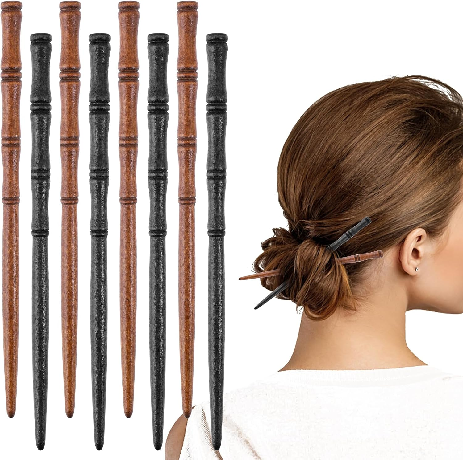 Gjinxi Retro Wooden Hair Sticks Pack of 8 Hair Pins Handmade Bamboo Shape Chinese Women'S Hair Sticks Wooden Hair Pin Bamboo Knot Hair Accessories Hair Clips for Women (2 Colours)