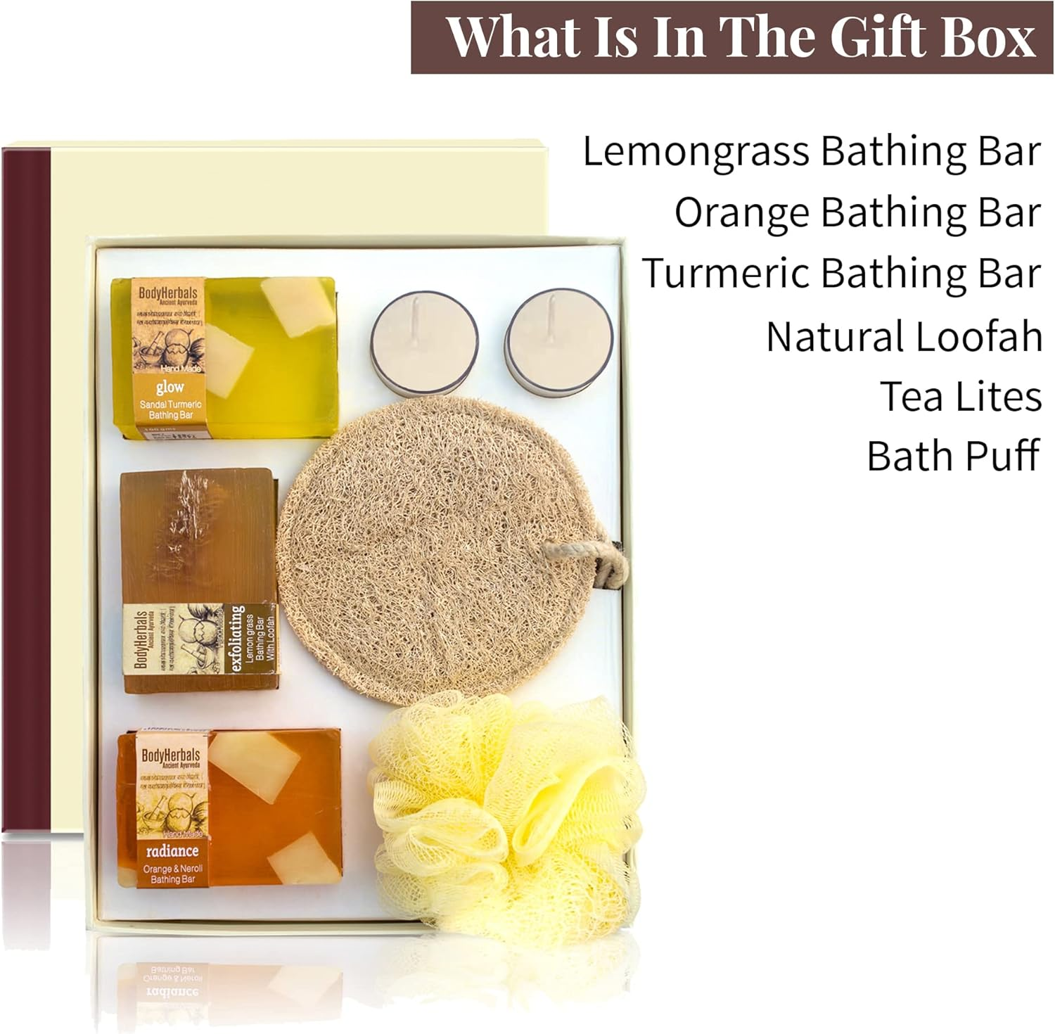 Bodyherbals Hand Made Soap Collections for Women'S Day- (Orange Neroli Bathing Bar 100Gms, Lemon Grass Bathing Bar 100Gms, Sandal Turmeric Bathing Bar 100Gms, Natural Loofah, Bath Puff, 2 Tea Lites) image number 4