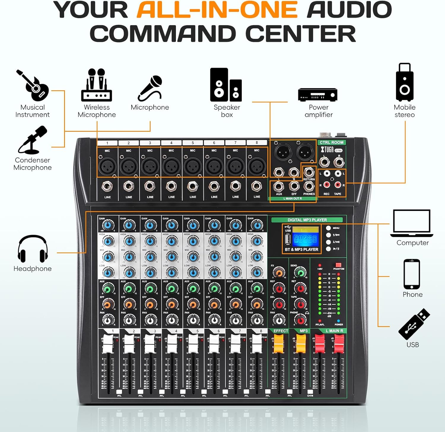XTUGA CT80 8 Channel Audio Mixer for PC Recording Professional Sound Board Built-In Digital Effect Studio Mixer with 48V Phantom Power RCA Input Output Mp3Bluetooth EQ image number 4