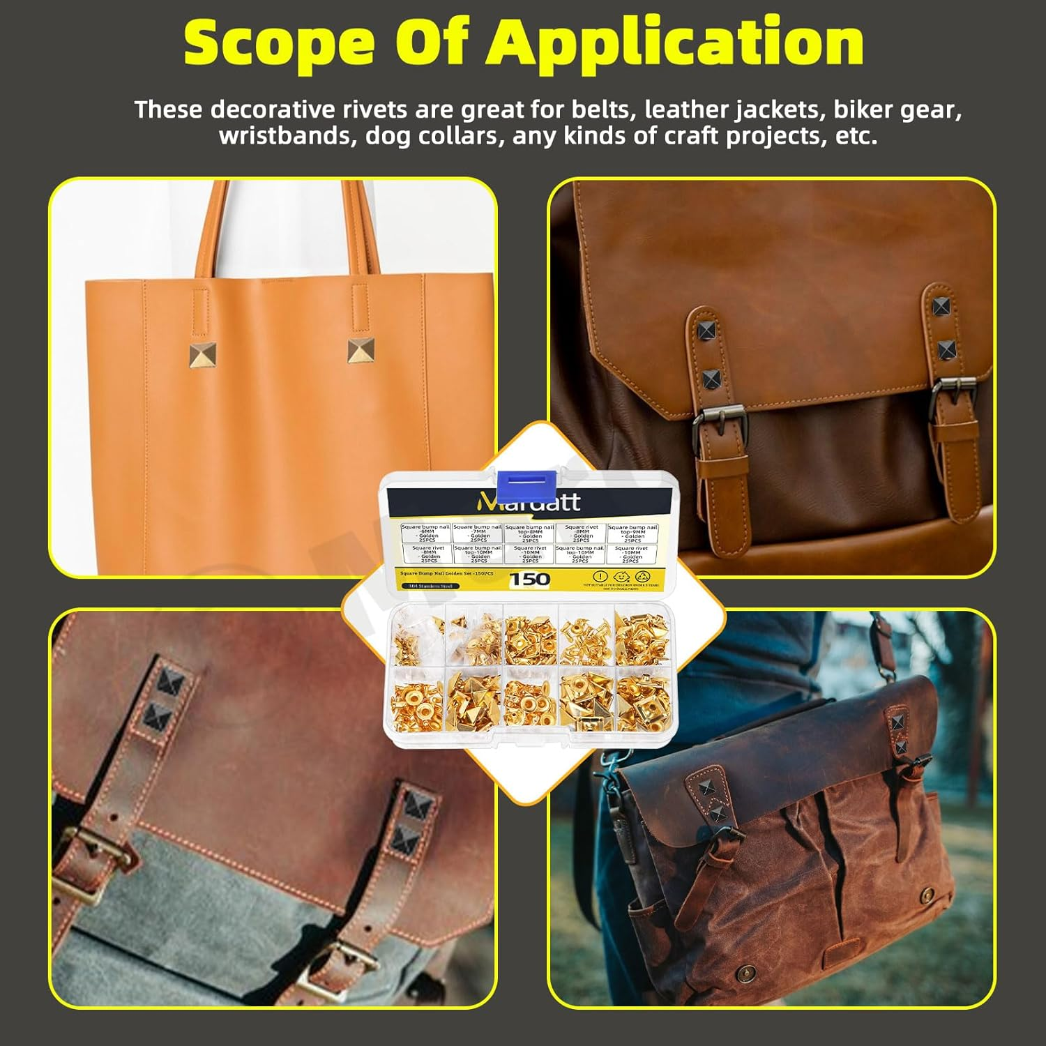 Mardatt 150Pcs 6 Sizes Gold Spike Rivet Pyramid Rapid Rivet Studs, 6Mm 7Mm 8Mm 9Mm 10Mm 12Mm Square Punk Spikes Pyramid Rapid Rivet Studs Nail Heads for DIY Leather Craft Decoration(Gold） - Gun Color image number 7