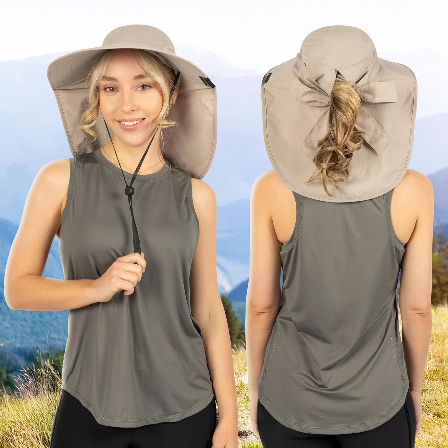 SUN CUBE Wide Brim Sun Hat with Neck Flap, UPF50+ Hiking Safari Fishing Hat for Men Women, Sun Protection Beach Hat, Tan with Bow, One Size image number 3