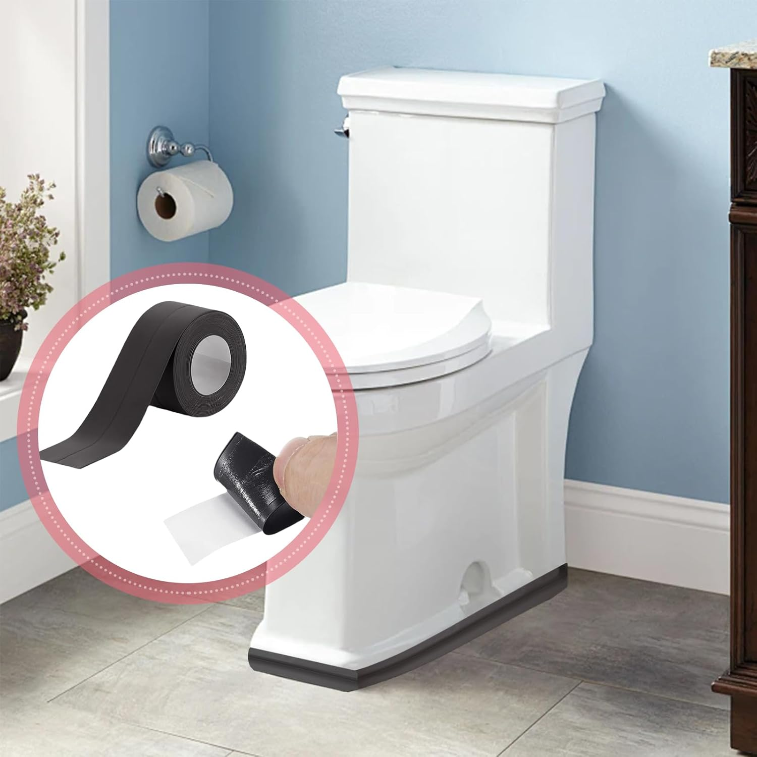 Sgphrzlt 2 Rolls Black Caulk Tape Waterproof Self Adhesive, 3.8Cm X 3.2M Bathroom Caulking Sealant Tape for Bathtub, Peel and Stick Toilet Base Sealer Strip for Floor Trim Shower Kitchen Wall Edge image number 2