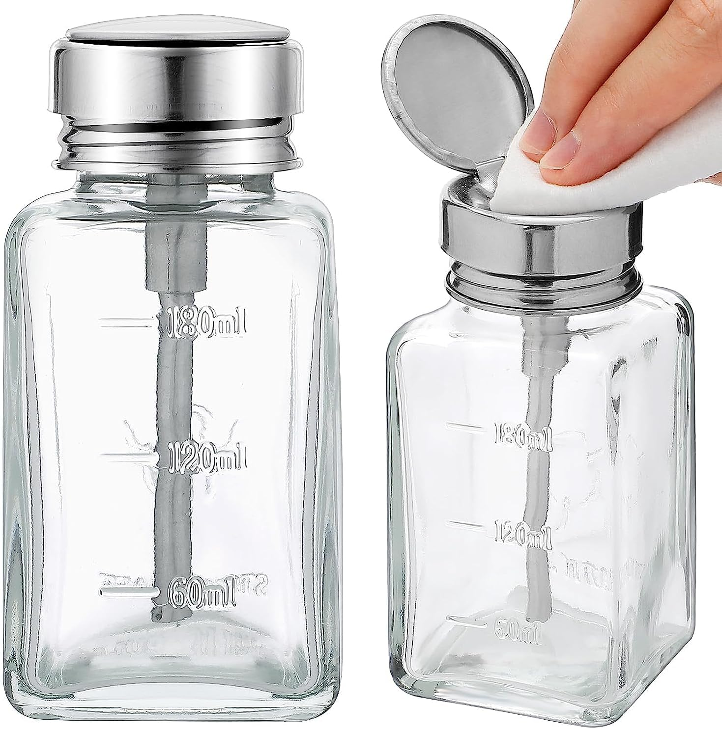 HEHIPLE 2 Pcs 6 Oz/ 180 Ml Clear Glass Pump Dispenser Bottle with Metal Flip Cover for Makeup Remover, Nail Polish Remover, Lotions, Soaps, Shampoos - Reusable, Leak-Resistant, Modern, Chrome Finish