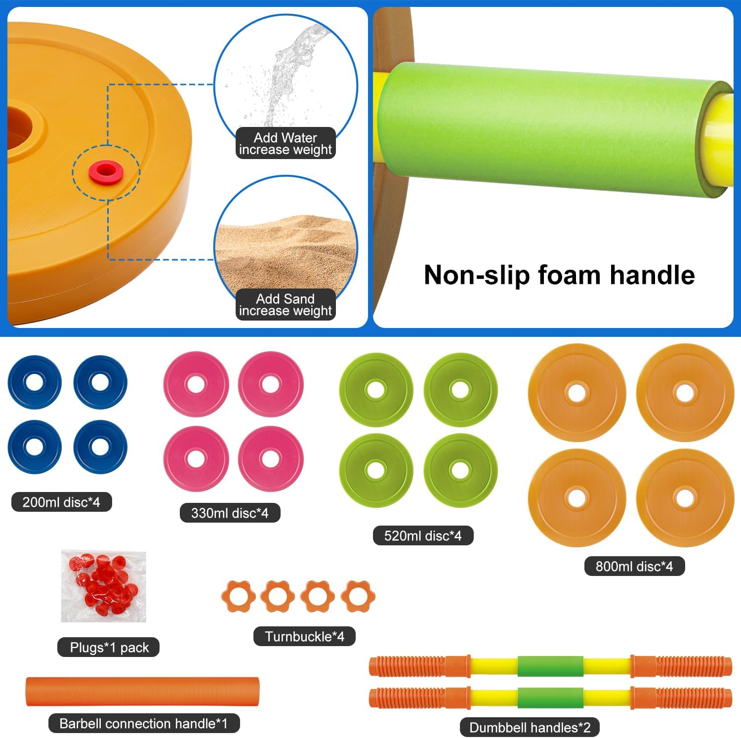 Hitish Kids Exercise Weight Set, 2-In-1 Barbell and Dumbbell Workout Equipment, Toddler Beginner Gym Toy for Pretend Play Lifting Exercise & Fitness, Adjustable Fill with Sand or Water