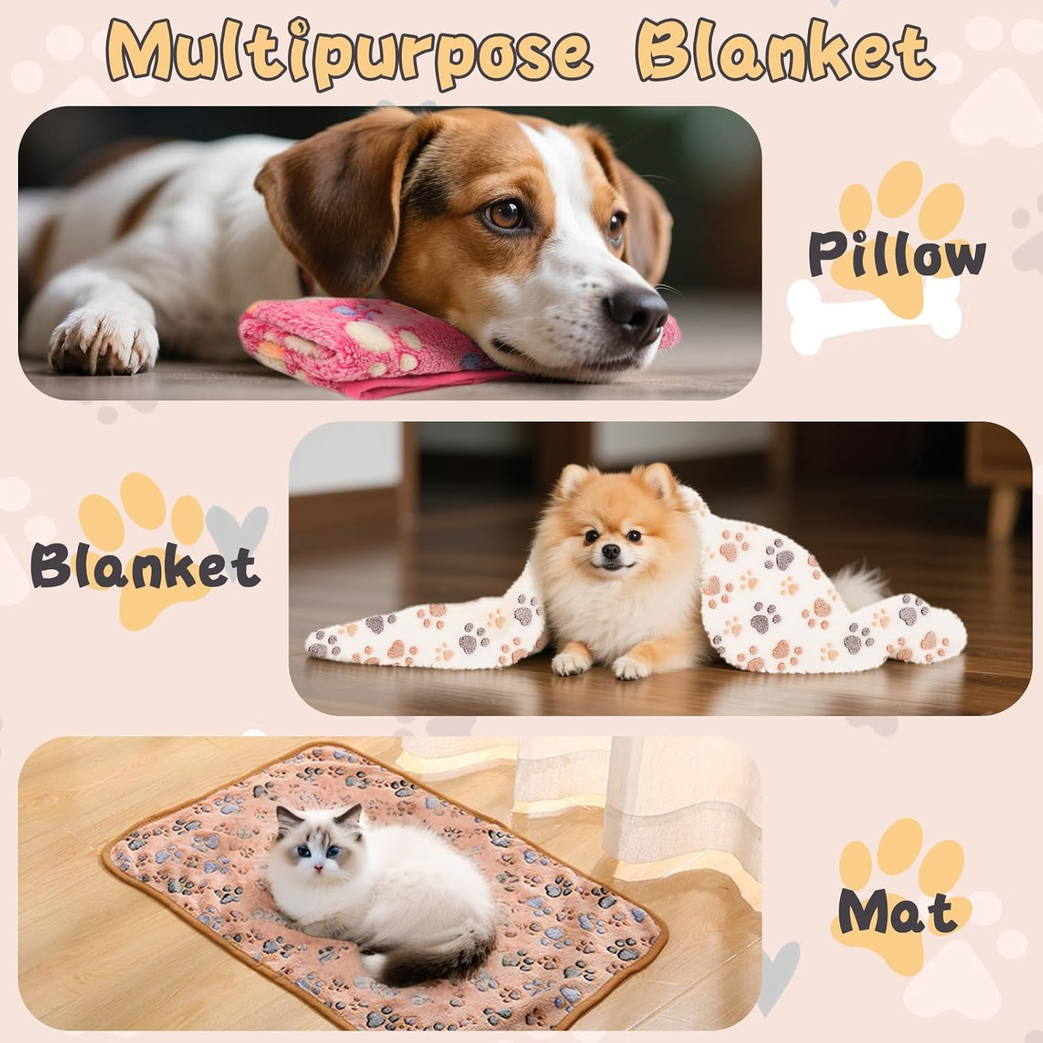 Dog Blanket Warm Sleeping Mat, Soft Coral Fleece Pet Blanket, Cute Paw Print Cat Blanket Dog Accessories for Bed Couch Sofa (White, Medium (30"X20"))