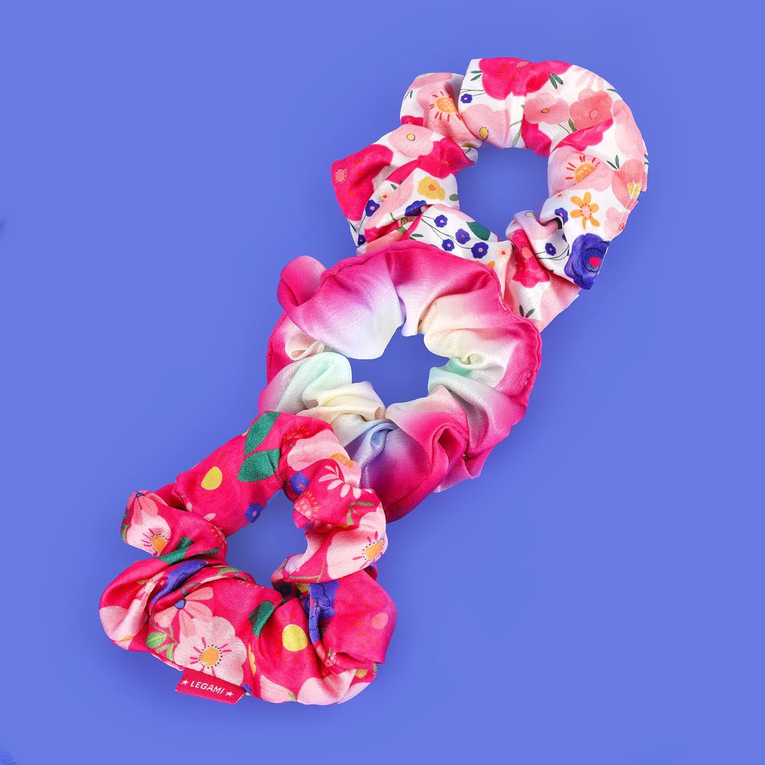 Legami Hair We Are! Flowers Hair Scrunchies, 11.5 Cm Diameter (Set of 3) | Create Unique Hairstyles, Colourful Buns or an Elegant Ponytail | Crafted from High-Quality, Smooth Satin Material